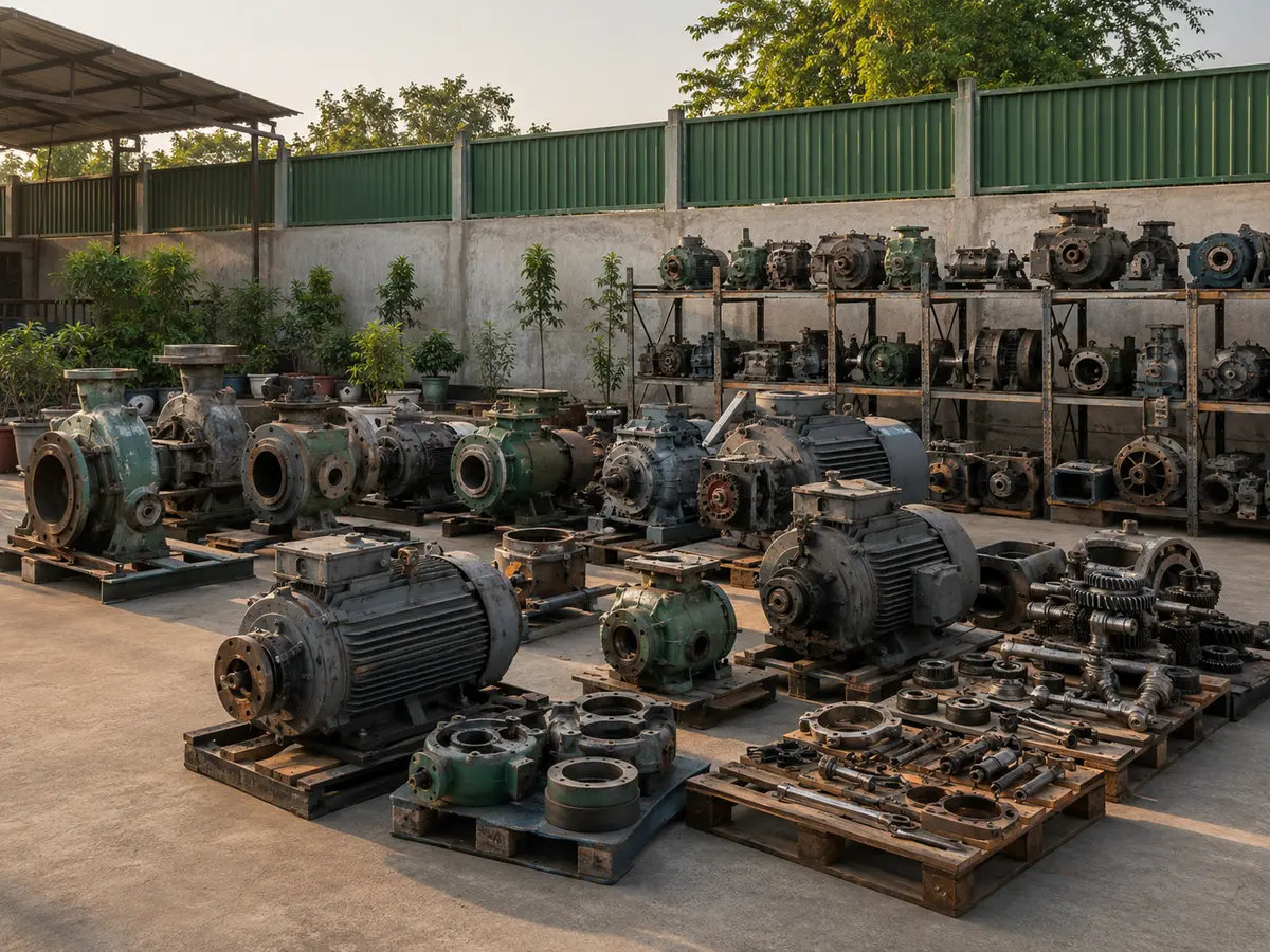 Retired motors, gears and industrial machinery organized for recovery