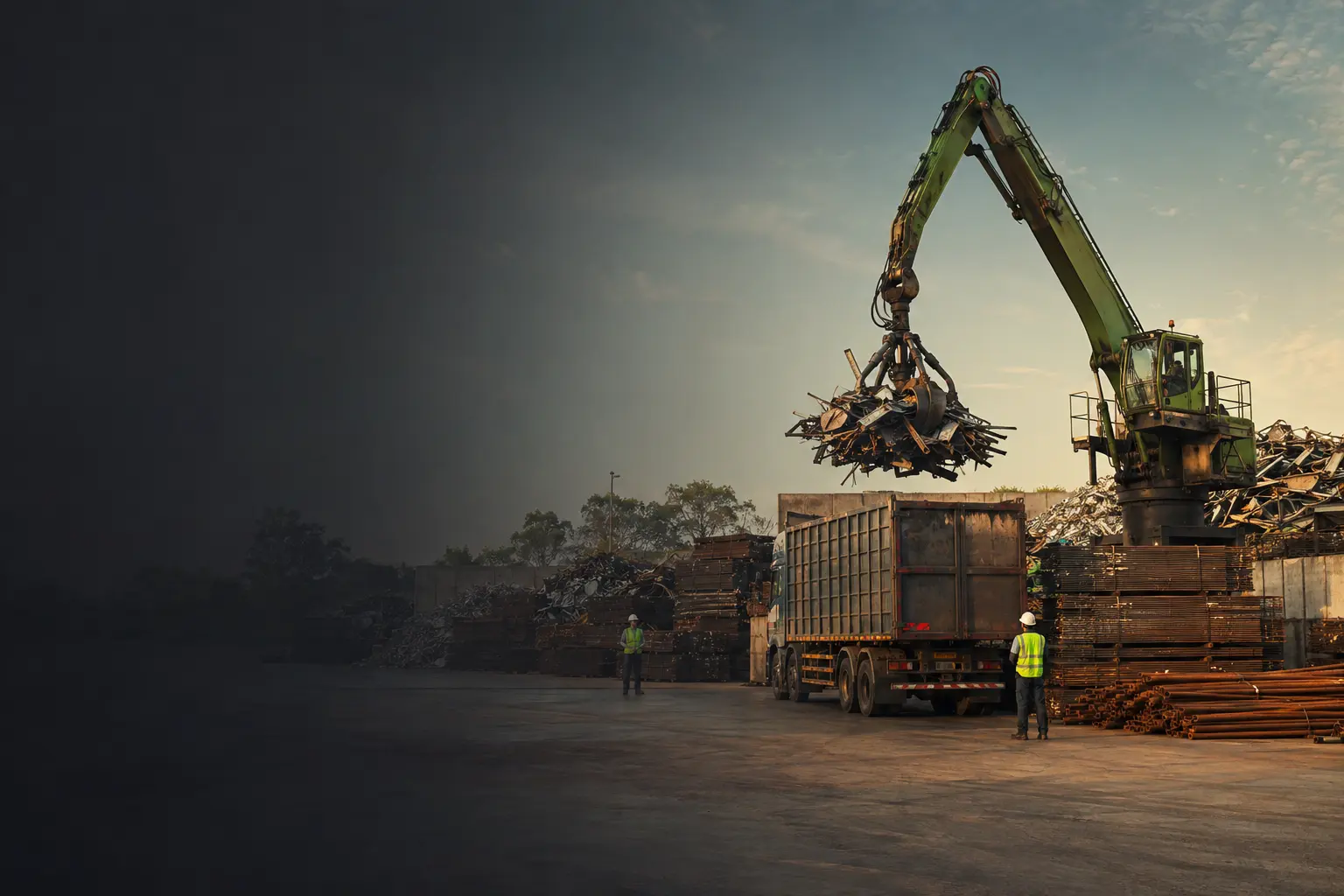 Organized scrap recovery yard with a material-handler crane sorting metal