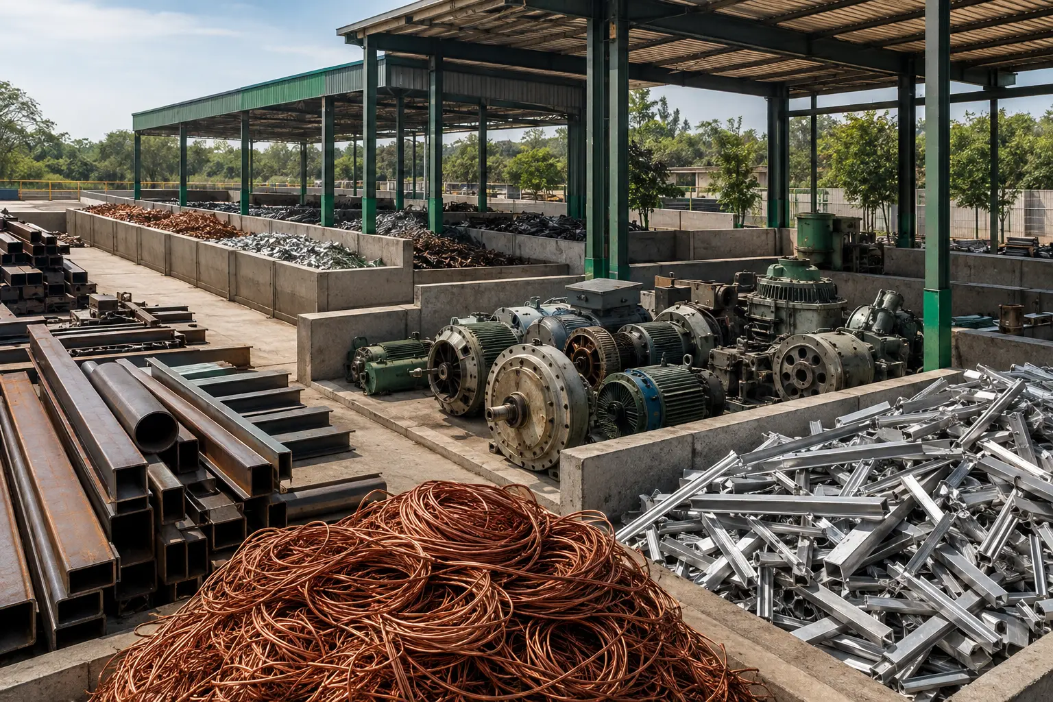 Steel, copper, aluminium and machinery scrap separated in an organized industrial sorting area